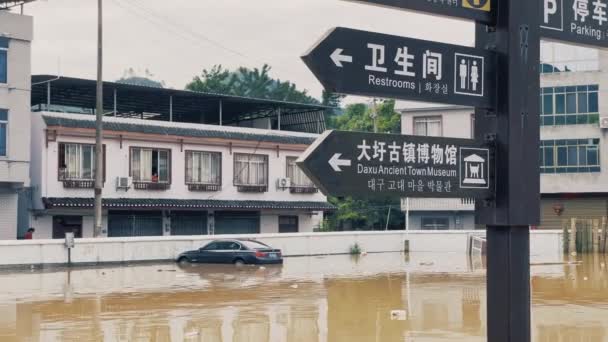 Flood Water Parking Lot Parked Car Natural Disaster China — Video