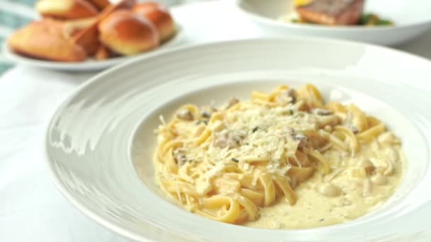 Close Crumbles Cheese Dropped Plate Pasta — Video Stock