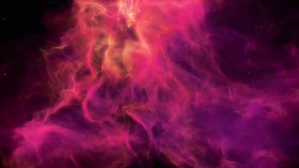 背景に星のフィールドを持つ宇宙の深い星間宇宙に浮かぶピンク ローズ オレンジのクラスターを持つカラフルな宇宙塵雲 — ストック動画