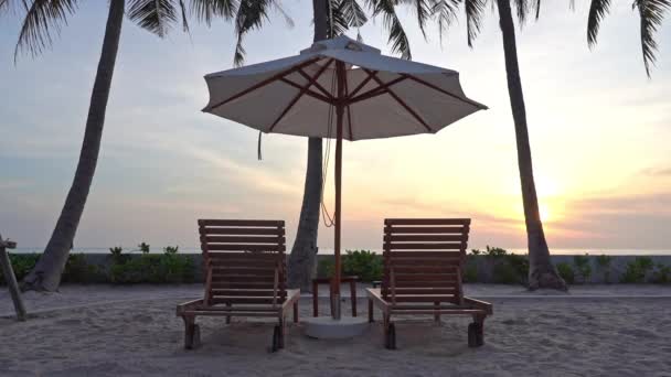 Close Two Empty Sun Longers Shade Umbrella Beach Facing Out — Stockvideo