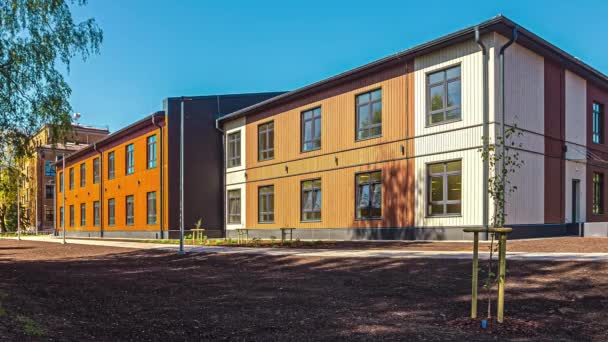 Exterior View Wood Container House Which Local School Daytime Timelapse — Stockvideo