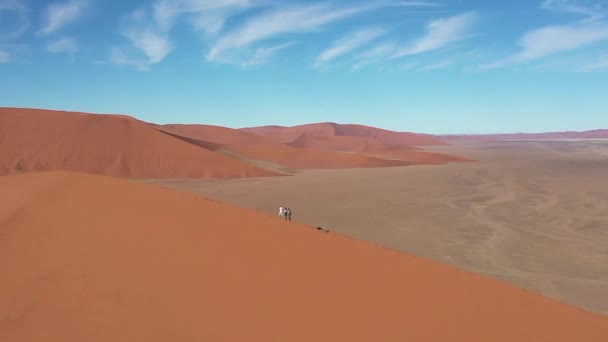 沙丘45从上面用无人驾驶飞机拍摄 阳光灿烂 几个人在沙丘上走着 — 图库视频影像