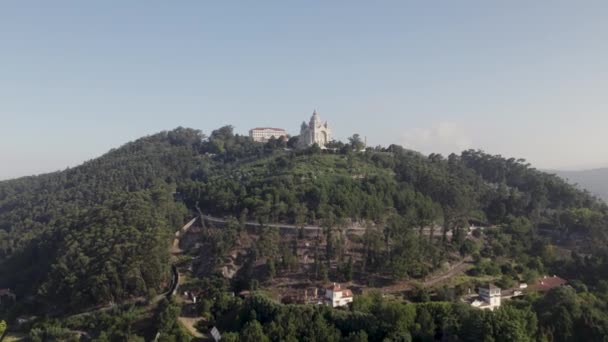 Aerial Dolly Forwards Viana Castelo Church Portugal Forested Hilltop Establishing — Stock Video