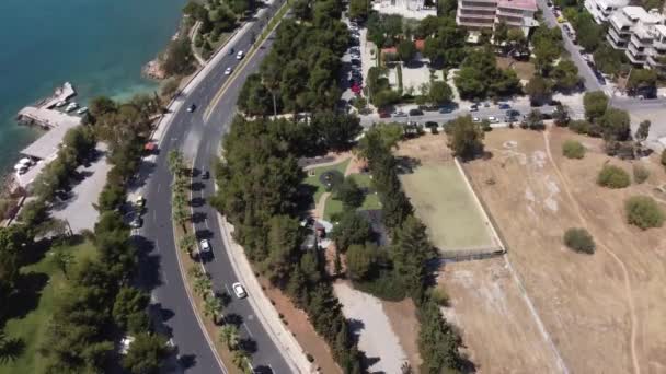 Drone Video Tilting Highway Reveal Small Greek Town — Stock Video