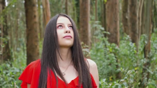 Όμορφη Νεαρή Λατίνα Μελαχρινή Γυναίκα Στέκεται Ένα Δάσος Και Απολαμβάνει — Αρχείο Βίντεο