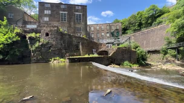 River Scene Old Mill Walkway River Falling Small Waterfall — Stockvideo