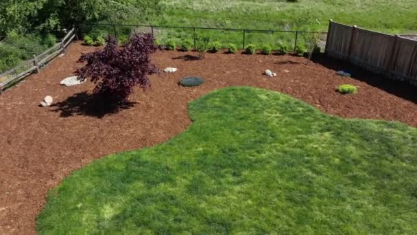 Aerial Fresh Bed Bark Landscaped Backyard — Video Stock