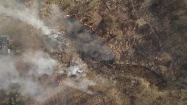 郊外の野火の上の空中トップダウン軌道 干ばつによる自然災害 — ストック動画