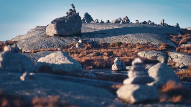 Meditační Kamenná Zahrada Pusté Severské Krajině Kolem Jsou Roztroušené Malé — Stock video