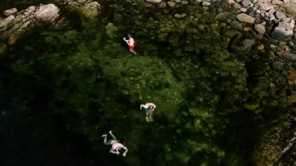 在加拿大不列颠哥伦比亚省埃格蒙特 有三个男人在阳光海岸清澈的水面上游泳 以捕捉螃蟹 — 图库视频影像