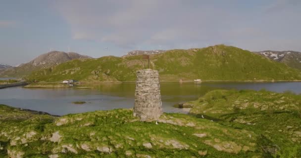 Drone Rotation Rock Cairn Islet Sommaroy Bridge Hillesoy Area — Stockvideo