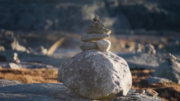 Kleine Stenen Cairns Zijn Verspreid Door Meditatie Tuin Mossen Korstmossen — Stockvideo