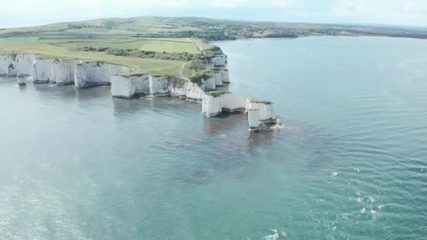 Low Circling Drone Shot Old Harry Rocks Chalk Cliffs Dorset — Video