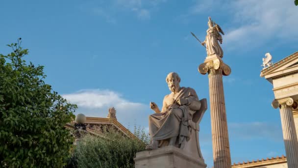 Statues Plato Athena Time Lapse Academy Athens Sunset — Vídeo de Stock