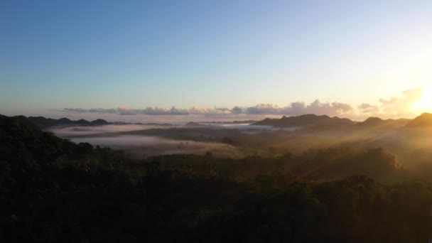Foggy Jungle Sunrise Mountain Range Antenn Skott — Stockvideo