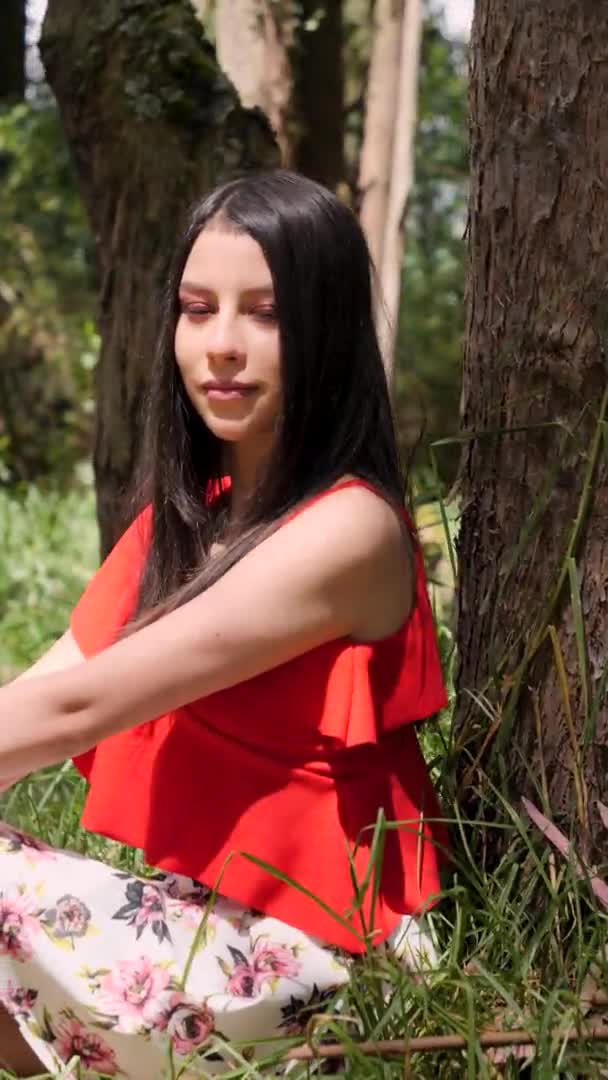 一个漂亮的年轻拉蒂娜坐在高高的草地上 在森林的一棵树下的画像 身穿红色上衣 漂亮的白色裙子 花纹图案的女人 — 图库视频影像