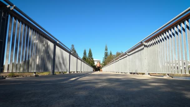 Mature Woman Walks Her Dog Footbridge Coastal Suburb Australia Low — 비디오