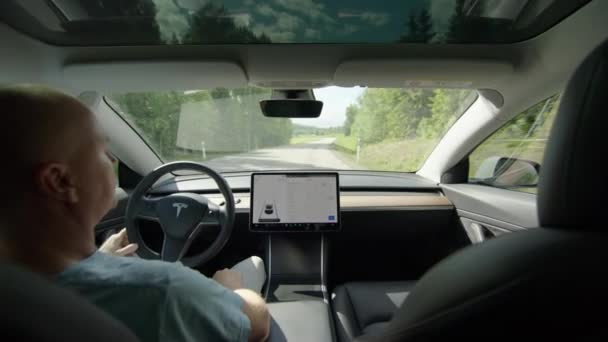 Driving Level Autonomous Tesla Model Countryside Main Road — Vídeos de Stock