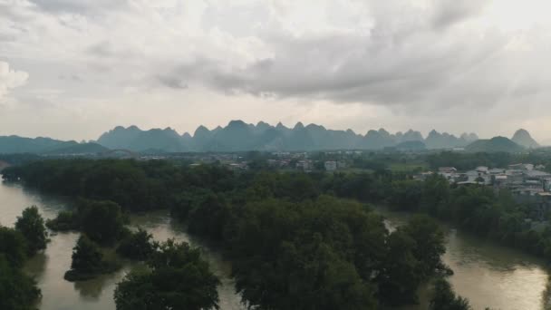 Overcast Day Guilin Mountains China Drone View Flooded River — Video