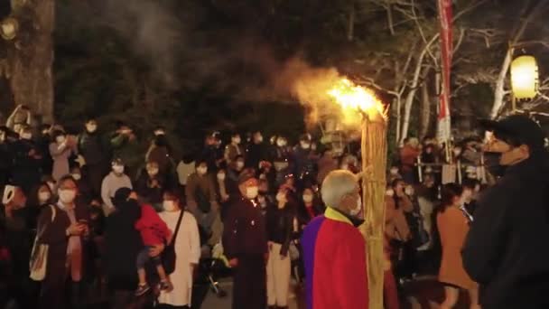 Flaming Torch Parade Leading Burning Event Sagicho Matsuri Night — Vídeos de Stock