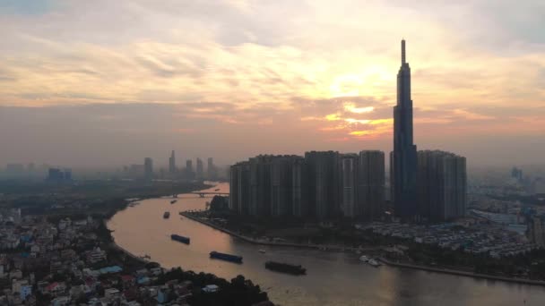 Aerial Boats Saigon River Distinctive Landmark Sunset Cityscape — Stockvideo