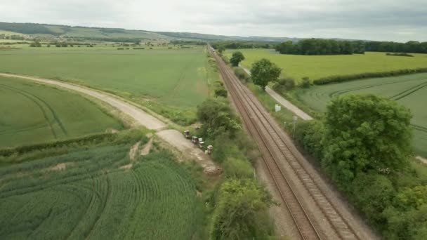 Aerial View Rail Way Track Rural Countryside Drone Fly — Αρχείο Βίντεο