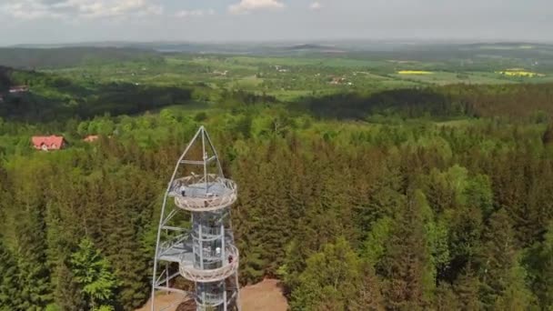Aerial Fast Orbit Watch Tower Situated Mountain Forest Spring — Stockvideo