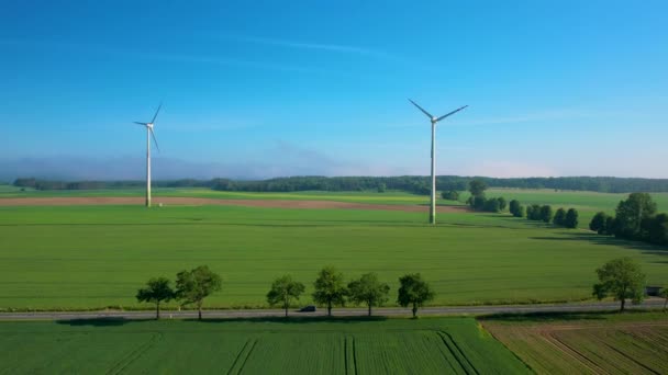 Wind Turbines Generating Electricity Lush Farmlands Aerial — Video Stock