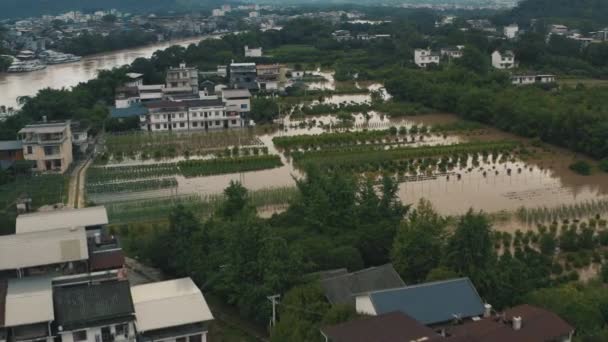 Flood Water Damage Chinese City Guilin Aerial View Houses — Vídeo de Stock