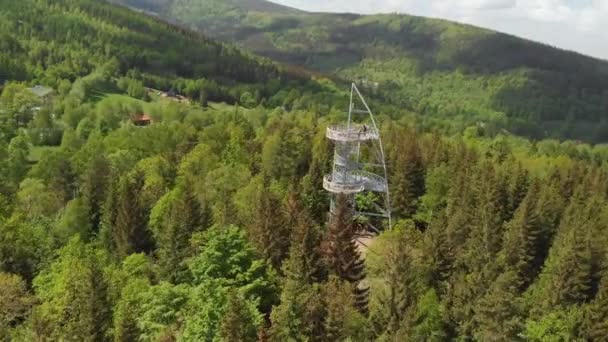 Une Orbite Aérienne Rapide Approche Tour Guet Dans Forêt — Video