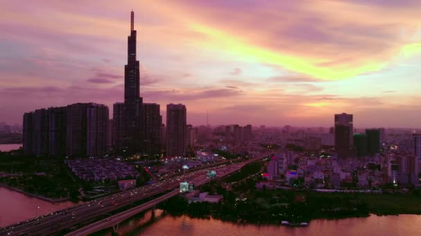 Cinematic Vivid Sky City Skyline Chi Minh City Dusk Aerial — Vídeo de Stock