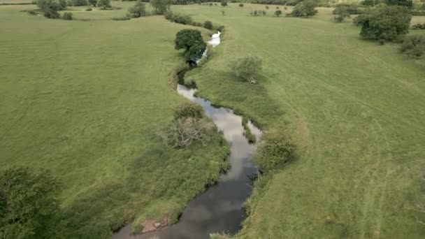 Aerial View Tiny River Arrow Twists Way Warwickshire Countryside England — Stockvideo