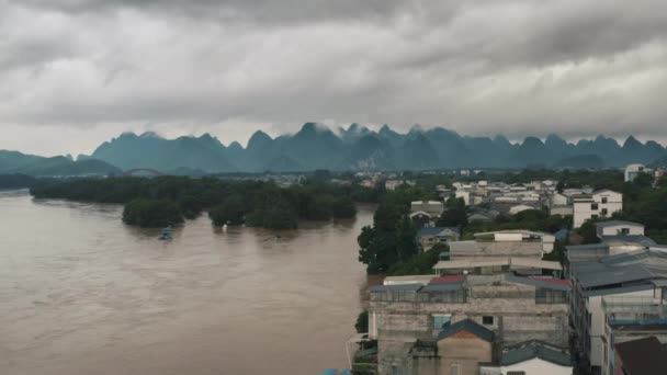 Flooded Living Area Coast Jiang River Guilin China Aerial — Stock Video