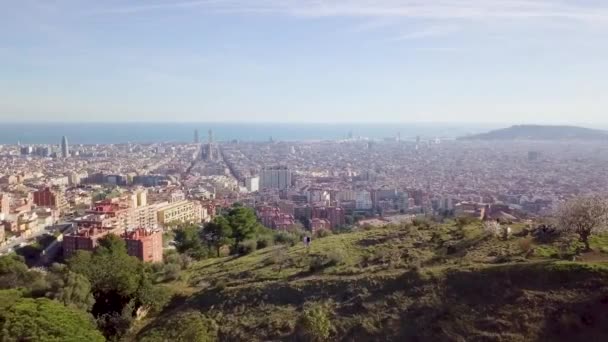 Barcelona Cityscape Aerial Shot Zooming Out Efekt Vertigo Zachodzie Słońca — Wideo stockowe