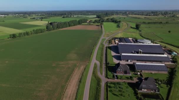 荷兰Zutphen附近的一个大型农场 其太阳能电池板座落在荷兰河流流域景观中 沿河堤上方 道路蜿蜒曲折 穿过农业农村地区 — 图库视频影像