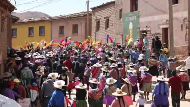 Wide Shot Colorful Tinku Festival Dancers Beautiful Hats Decorated Feathers — Stock Video