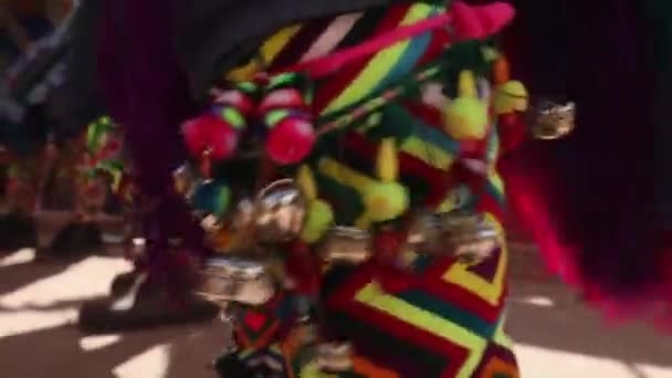 Close Shot Colorfully Decorated Clothes Legs Bells Tinku Dancers Festival — Vídeo de stock