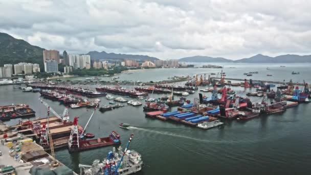 Vessels Anchored Safely Typhoon Shelter Tuen Mun Hong Kong Aerial — Vídeos de Stock