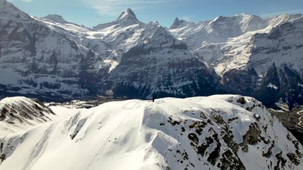 Aerial Drone Selfie Shot Snowboarder Snowy Mountain Top Switzerland — Video Stock