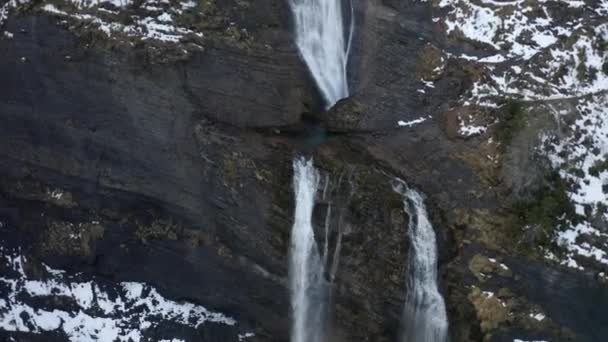 Close Aerial Shot Amazing Big Waterfall Winter French Alps Top — 비디오