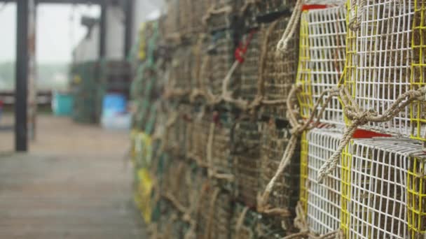 Colorful Lobster Traps Fishing Line Foggy Pier Dock Maine — Vídeos de Stock