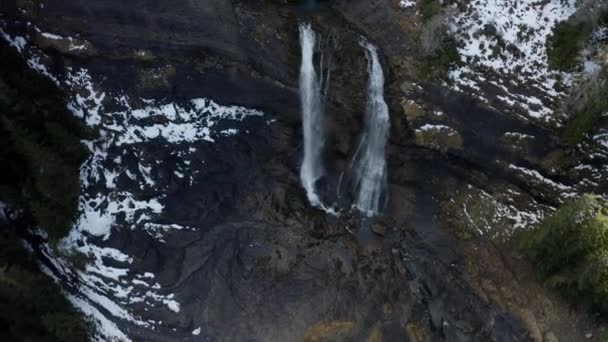 Aerial Shot Amazing Big Waterfall Winter French Alps Starting Close — Stockvideo