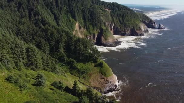 Counterclockwise Drone Shot Waves Crashing Rocky Tree Covered Cliffs Oregon — Vídeo de Stock