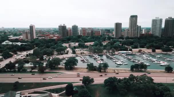 Diversey Harbor Flying Lake Shore Drive Aerial Footage Chicago Illinois — Video
