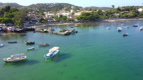 Drone Flight Beach Boats Buzios Brazil — стоковое видео