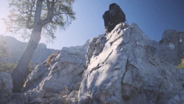 Hiker Climbs White Rocks Mountains Slovenia Low Angle Slow Motion — 비디오