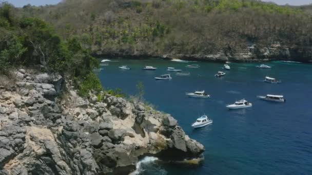 Aerial Revealing Tropical White Sand Beach Crystal Bay Boats Anchored — Video