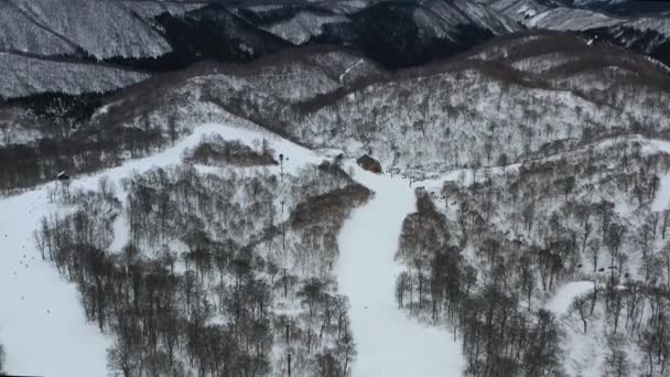 Snow Capped Mountain Peaks Skiers Winter Nozawa Japan Nagano Region — стоковое видео