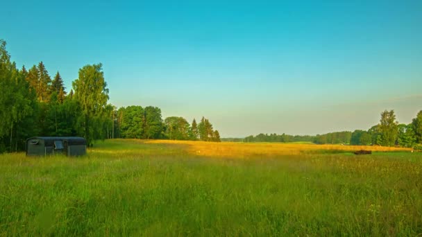 Gouden Zonlicht Van Zonsondergang Verlicht Een Mistige Velden Met Thermisch — Stockvideo