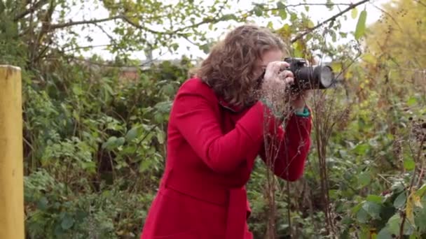 Woman Taking Photographs Female Photographer Private Investigator Spying Bushes — Vídeos de Stock